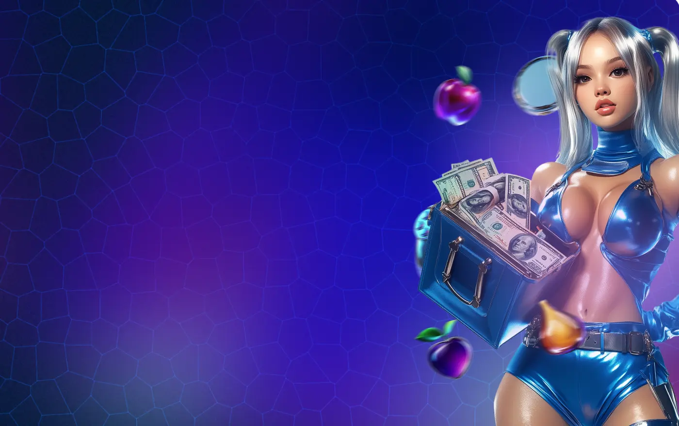 Привлекательная девушка в металлическом костюме с сумкой денег на сине-фиолетовом фоне